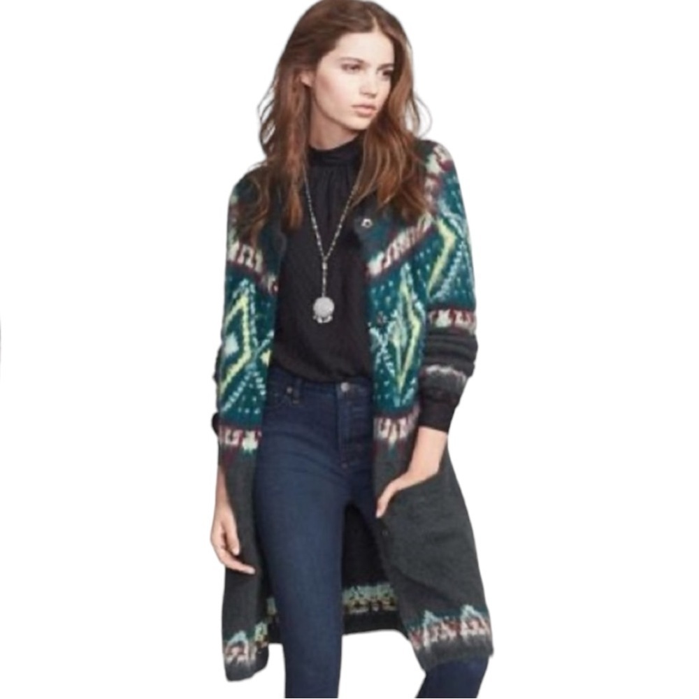 FREE PEOPLE Fair Isle Boho Wool Blend Long Cardigan Sweater Size XS - Picture 2 of 5